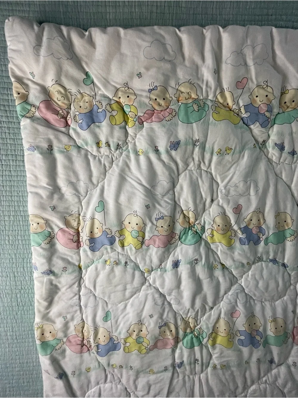 Vtg 80s Quiltex Baby Q Pastel Crawling Babies Quilt Blanket USA Made 30x45